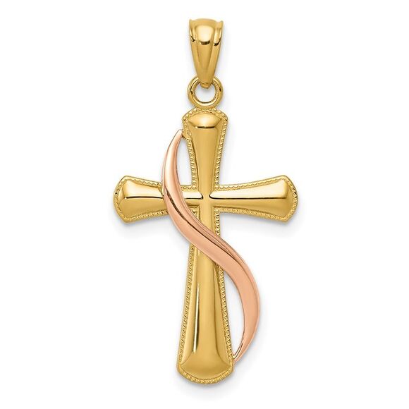 14k Yellow Gold Two-Tone Polished Cross w/Drape Pendant